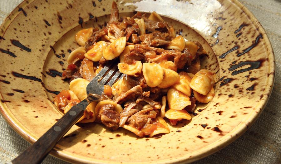 Catania signature dishes Duck Sugo OrecchietteCrispy OctopusSmoked Duck Liver Crostini